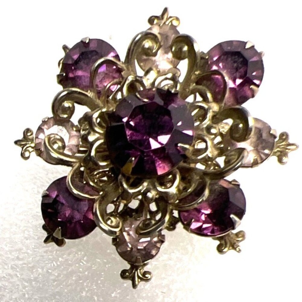 Vintage Purple Lavender Brooch Rhinestone Filigree Fleur-de-Lis Victorian Reviva